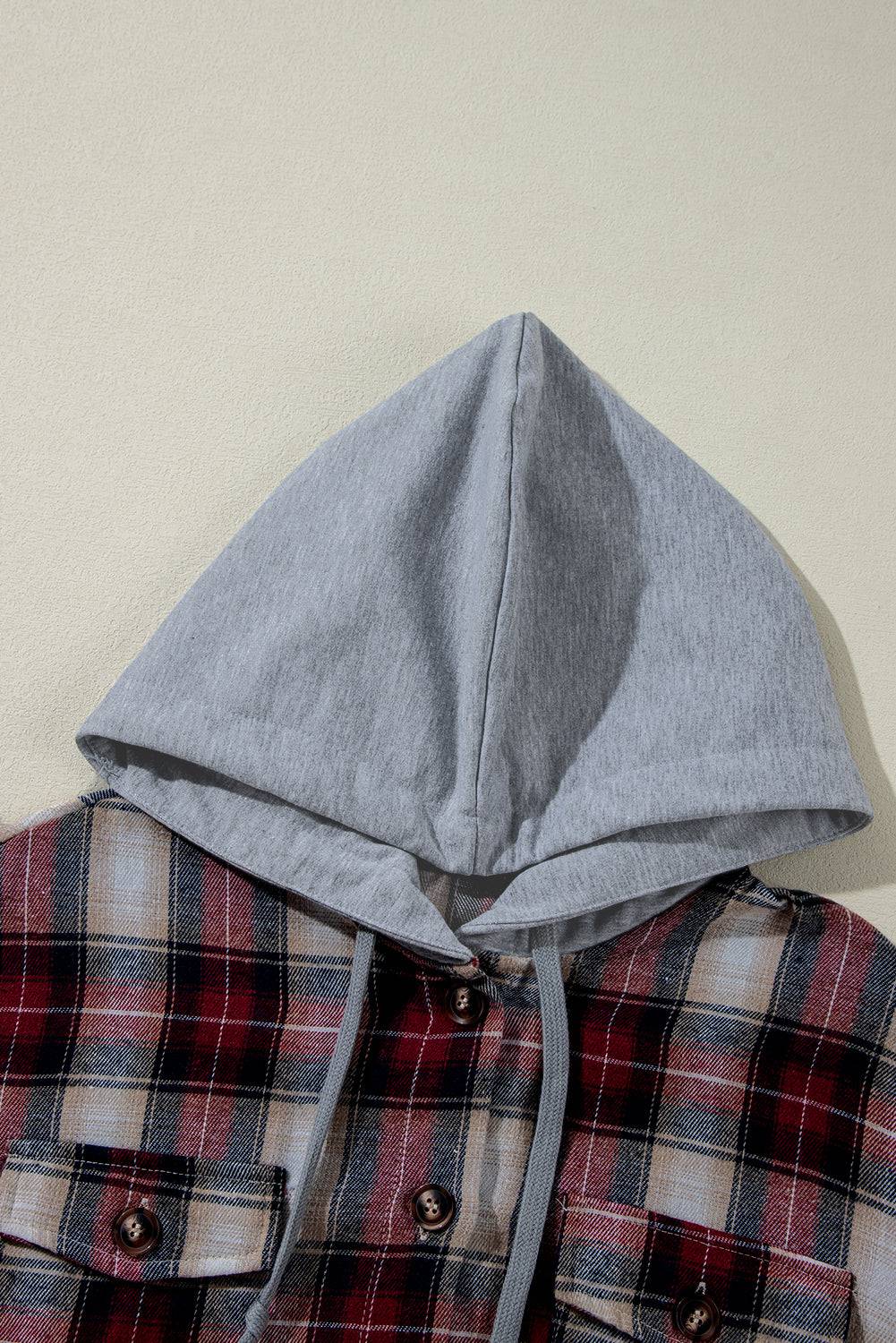 Red Plaid Print Chest Pocket Buttoned Hooded Shacket - BB Fashion Outlet