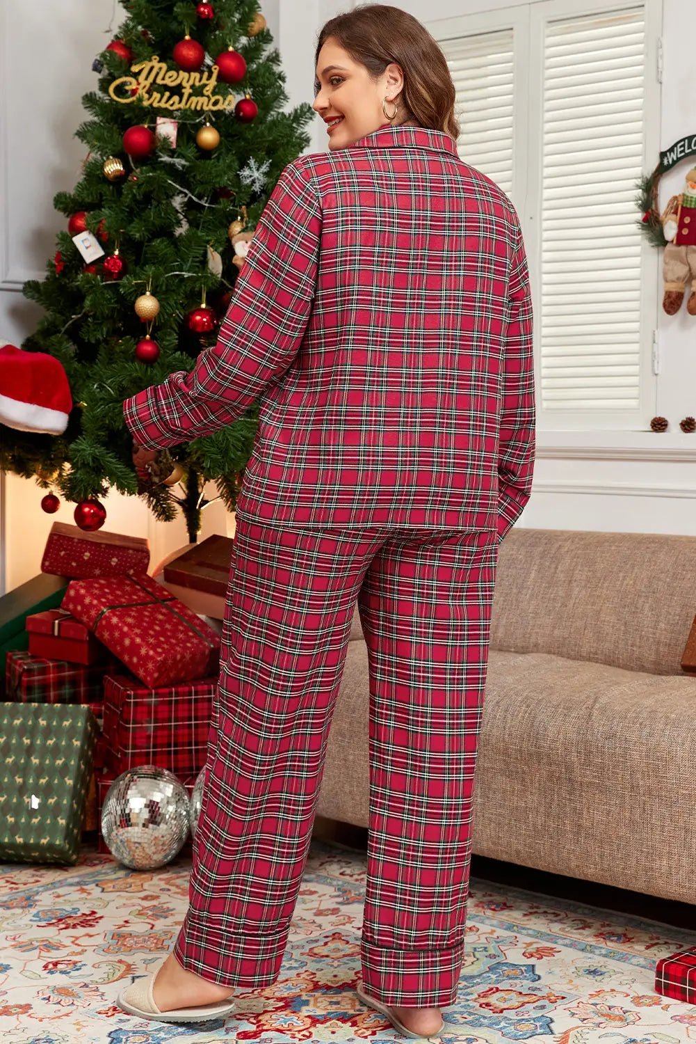 Red Plaid Printed Shirt and Trousers Plus Size Lounge Set Beagle Boutique Fashion Outlet