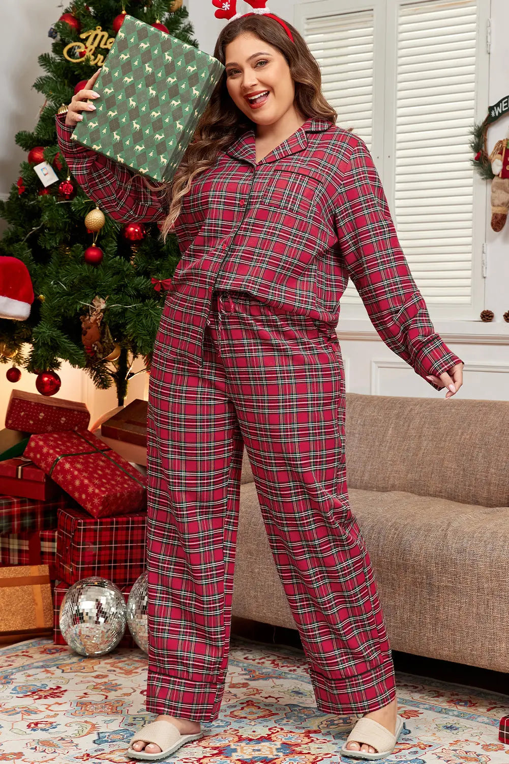 Red Plaid Printed Shirt and Trousers Plus Size Lounge Set Beagle Boutique Fashion Outlet