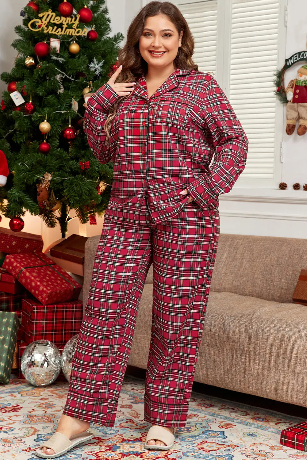 Red Plaid Printed Shirt and Trousers Plus Size Lounge Set Beagle Boutique Fashion Outlet