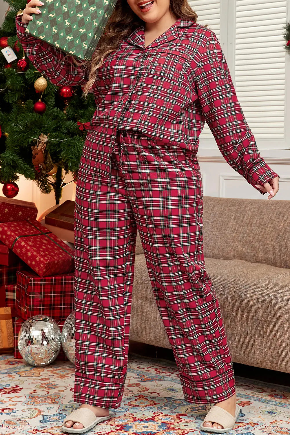 Red Plaid Printed Shirt and Trousers Plus Size Lounge Set Beagle Boutique Fashion Outlet