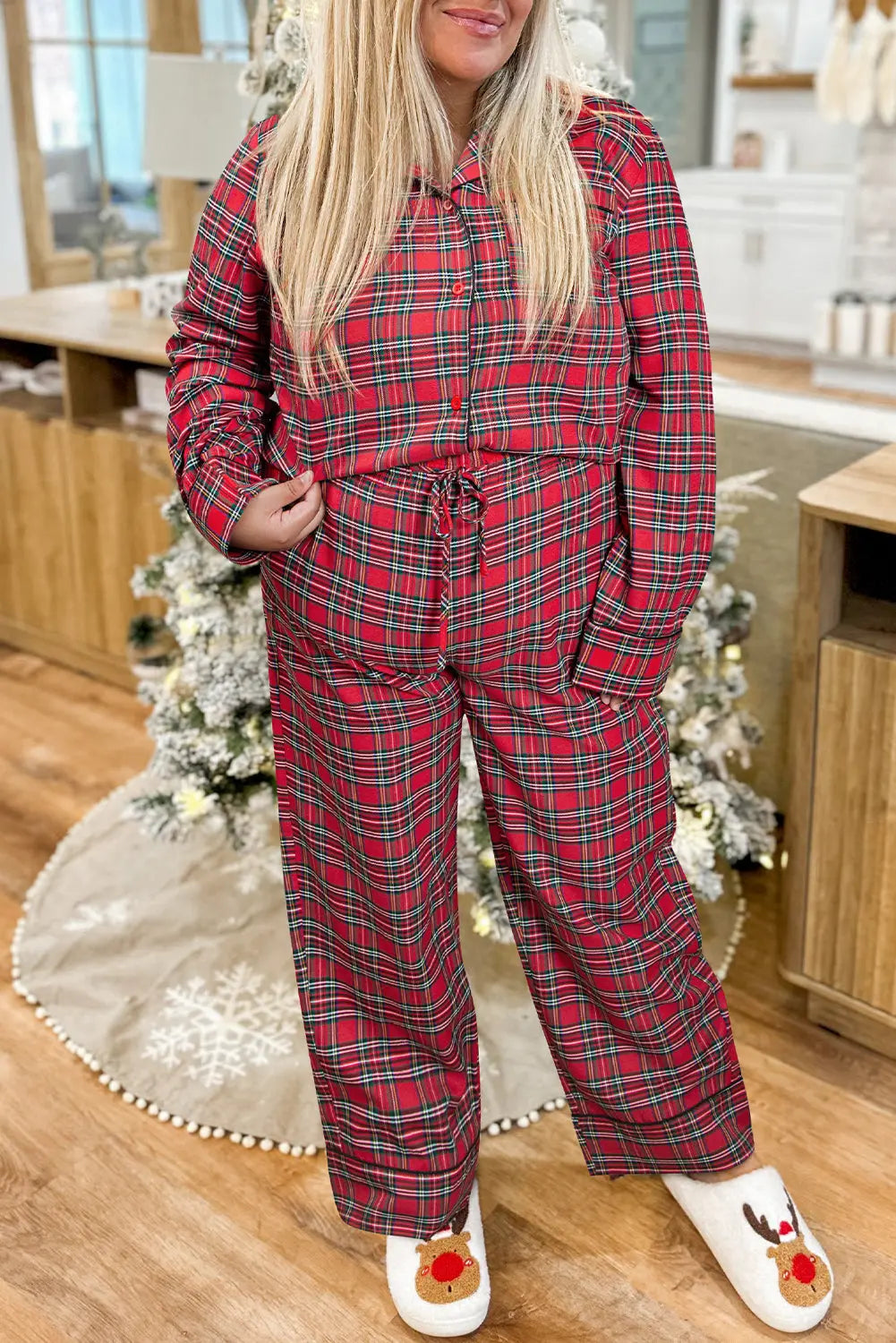 Red Plaid Printed Shirt and Trousers Plus Size Lounge Set Beagle Boutique Fashion Outlet
