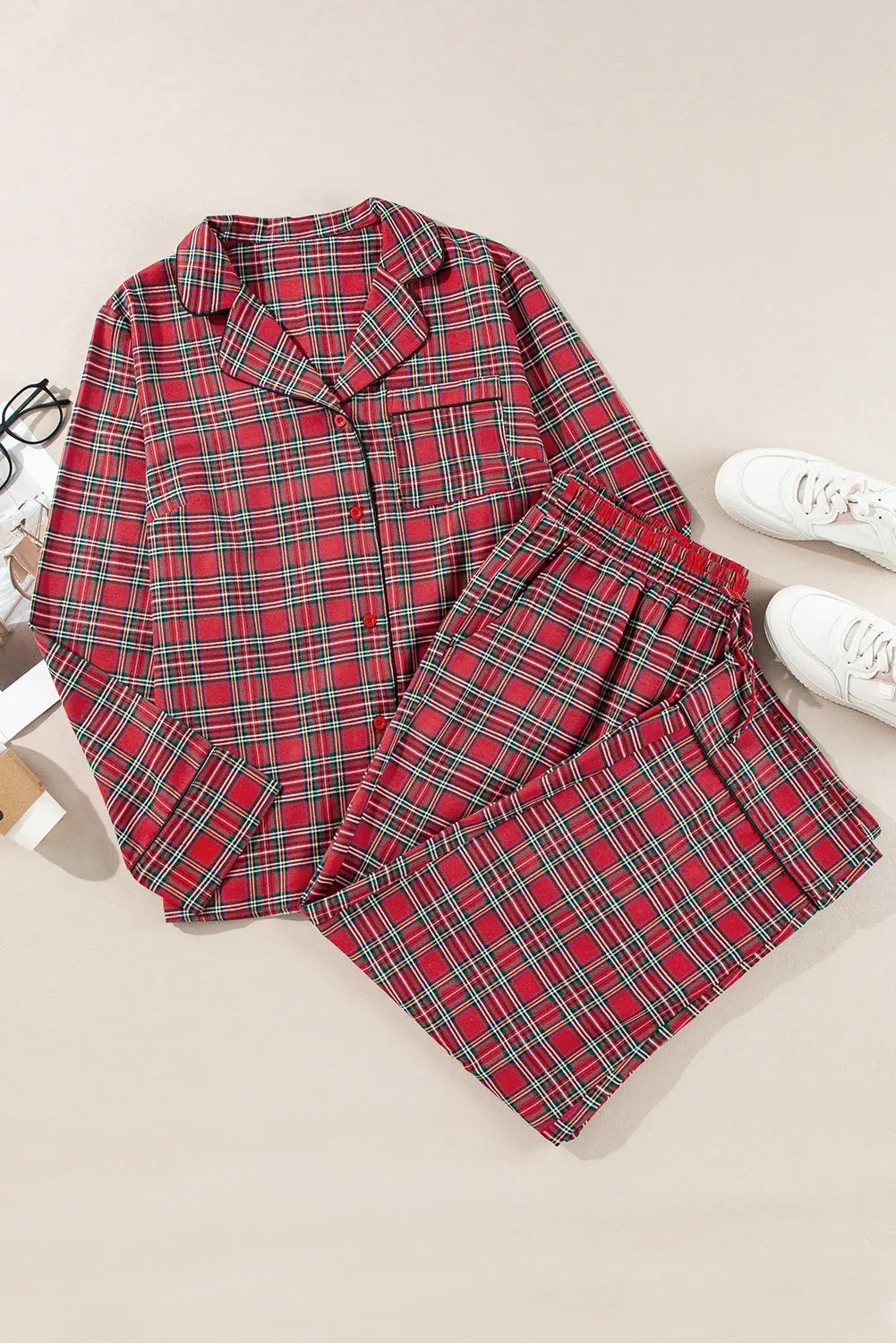 Red Plaid Printed Shirt and Trousers Plus Size Lounge Set Beagle Boutique Fashion Outlet