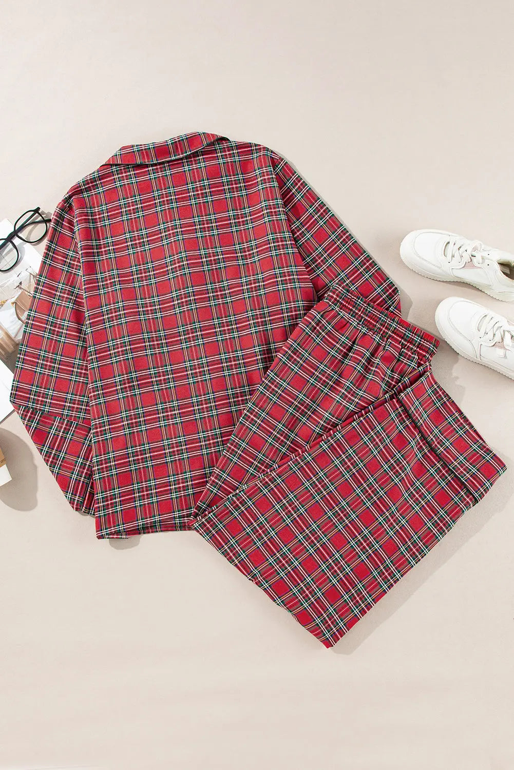 Red Plaid Printed Shirt and Trousers Plus Size Lounge Set Beagle Boutique Fashion Outlet
