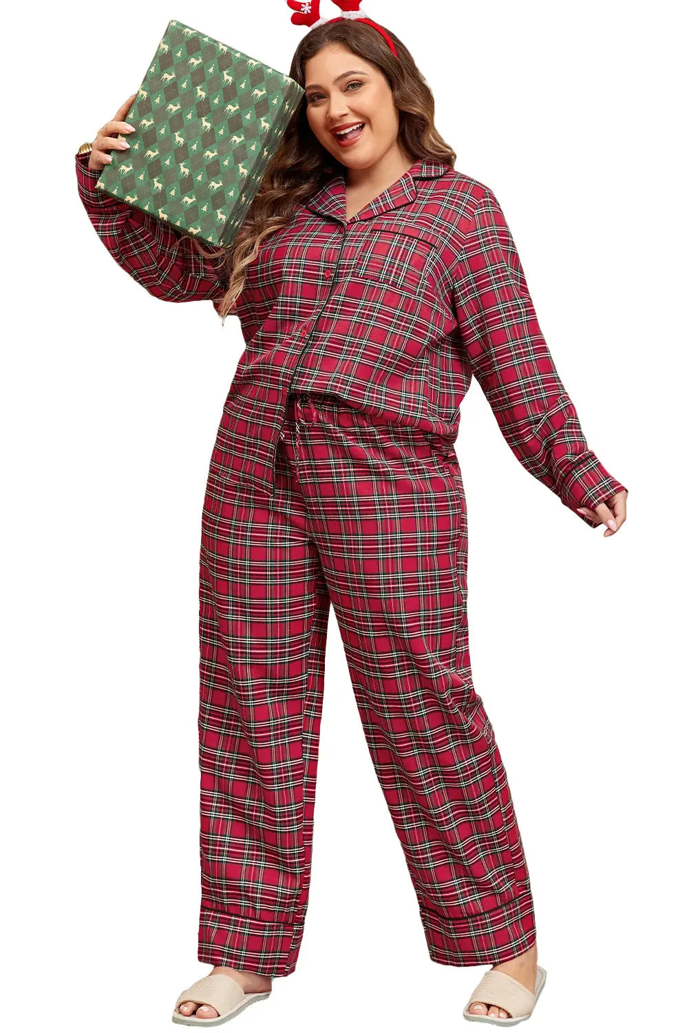 Red Plaid Printed Shirt and Trousers Plus Size Lounge Set Beagle Boutique Fashion Outlet