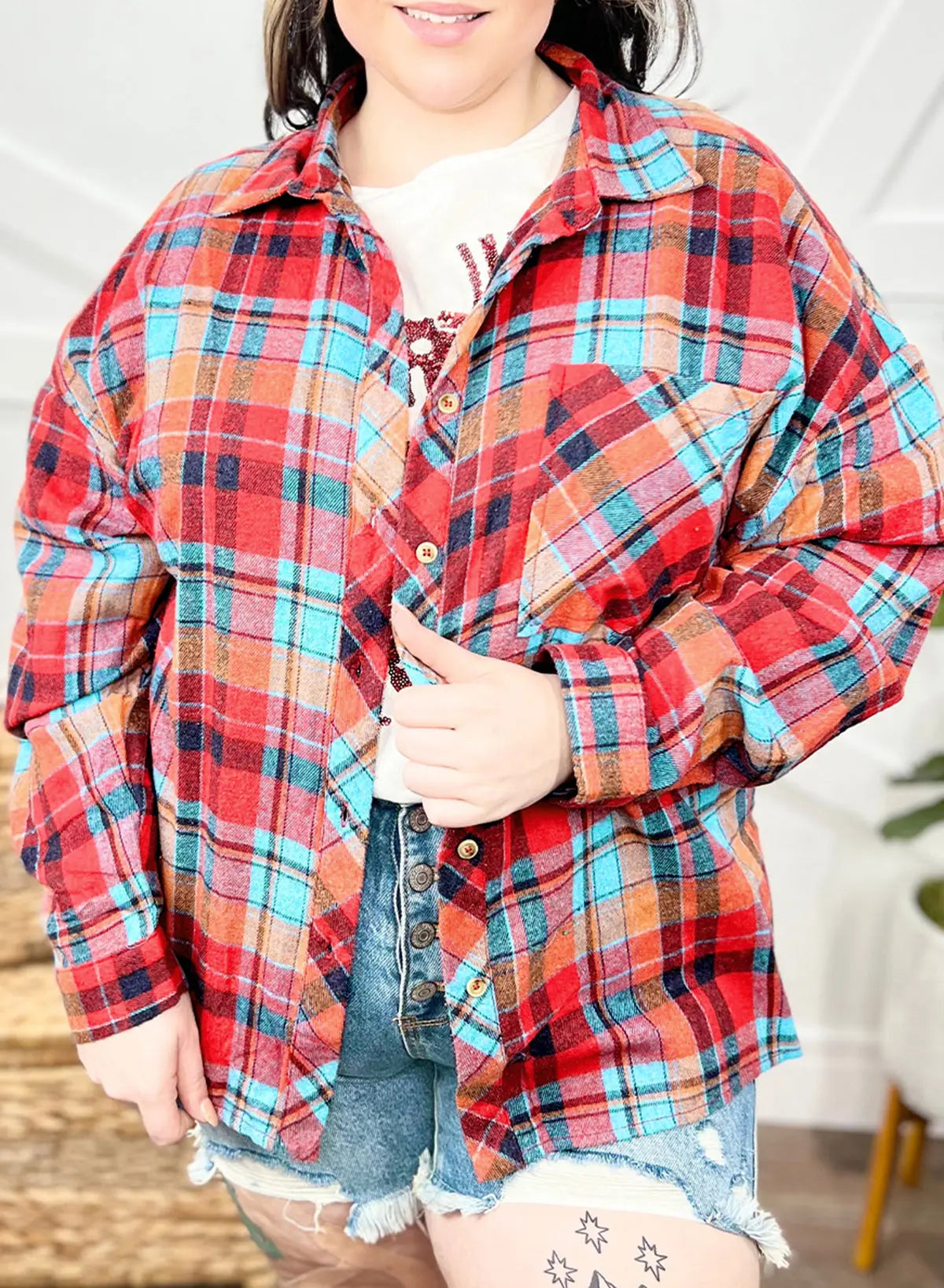 Red Plus Size Plaid Print Buttoned Shirt Beagle Boutique Fashion Outlet