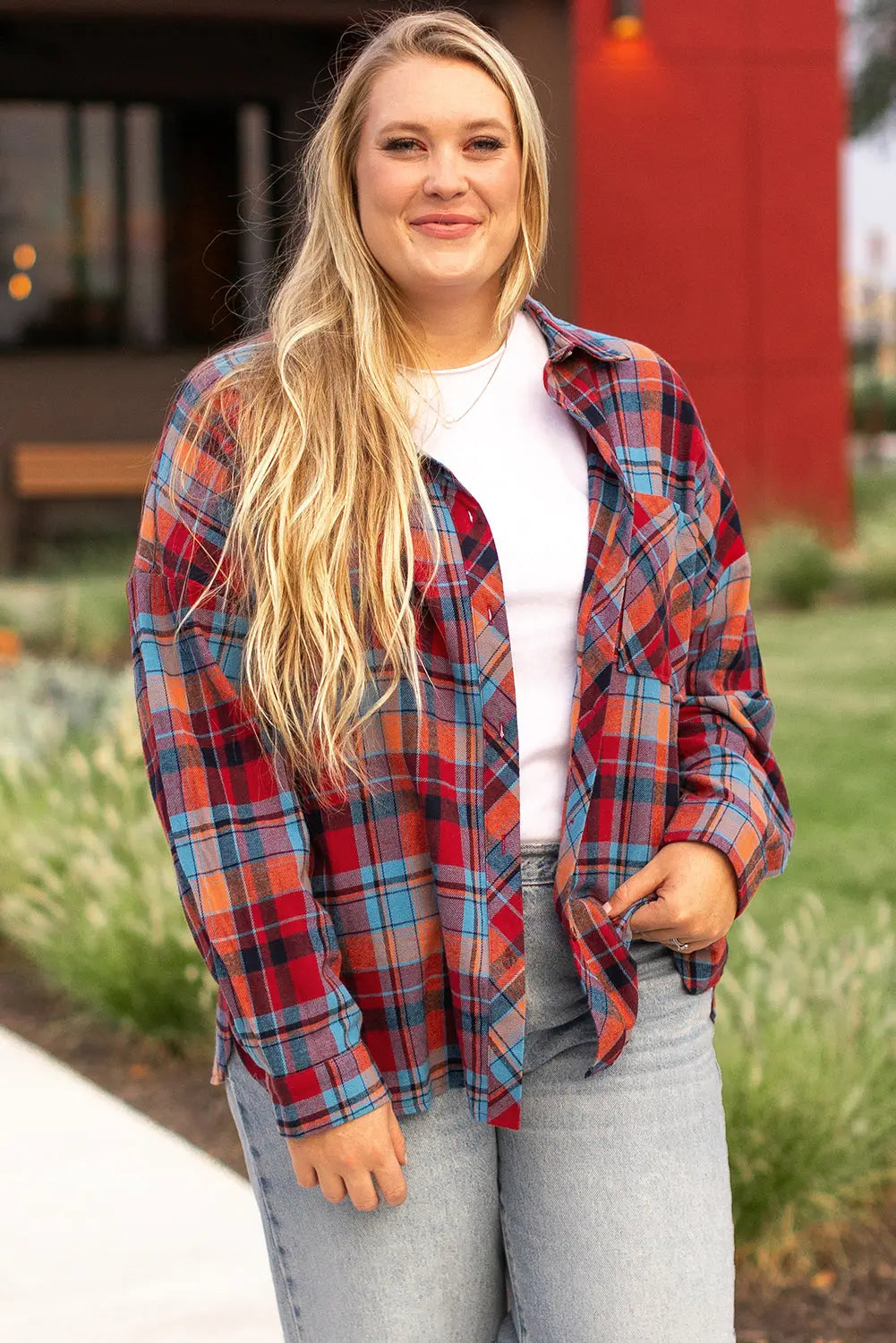 Red Plus Size Plaid Print Buttoned Shirt - eAura