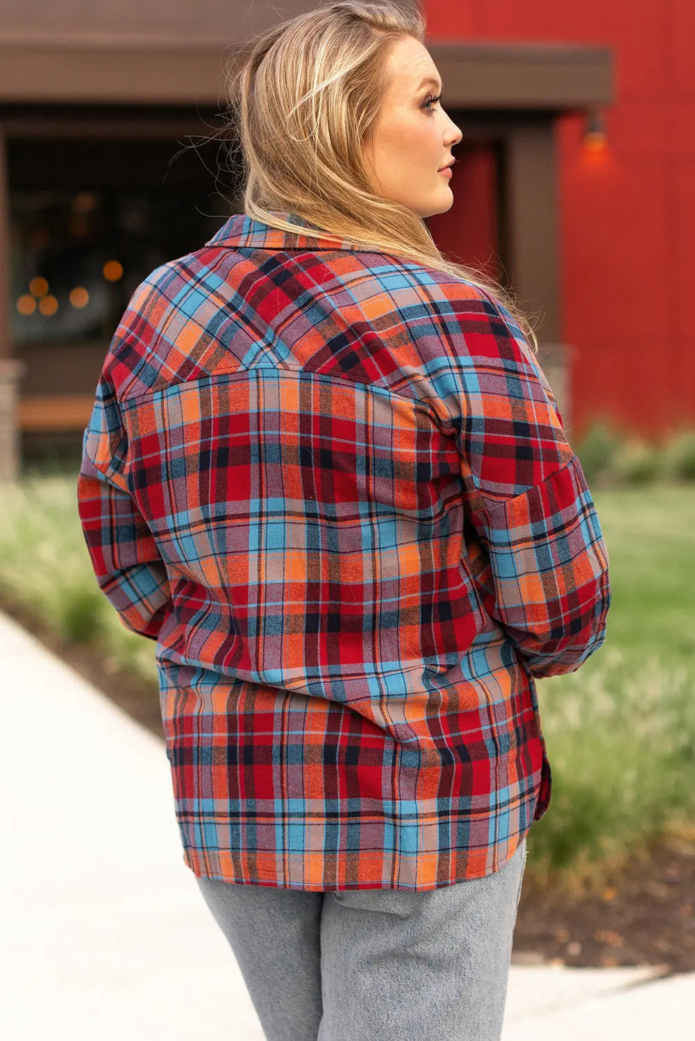 Red Plus Size Plaid Print Buttoned Shirt - eAura