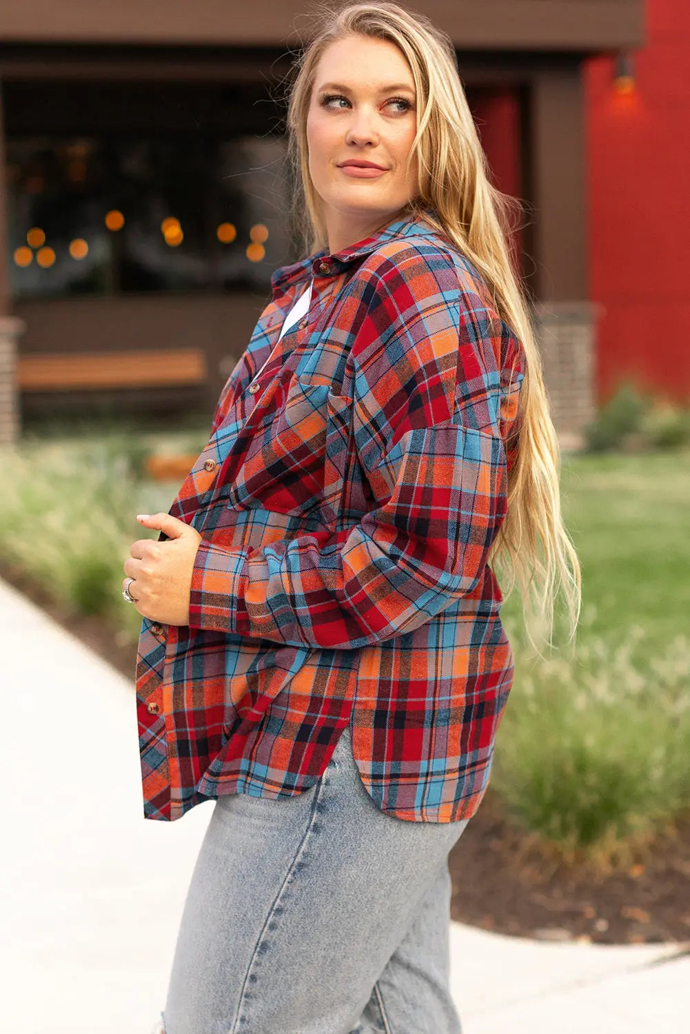 Red Plus Size Plaid Print Buttoned Shirt - eAura