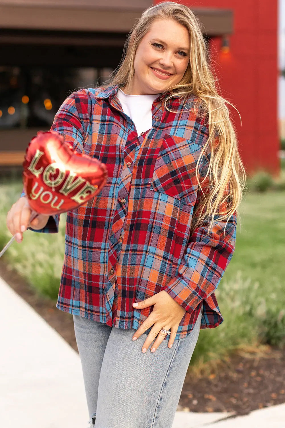 Red Plus Size Plaid Print Buttoned Shirt - eAura