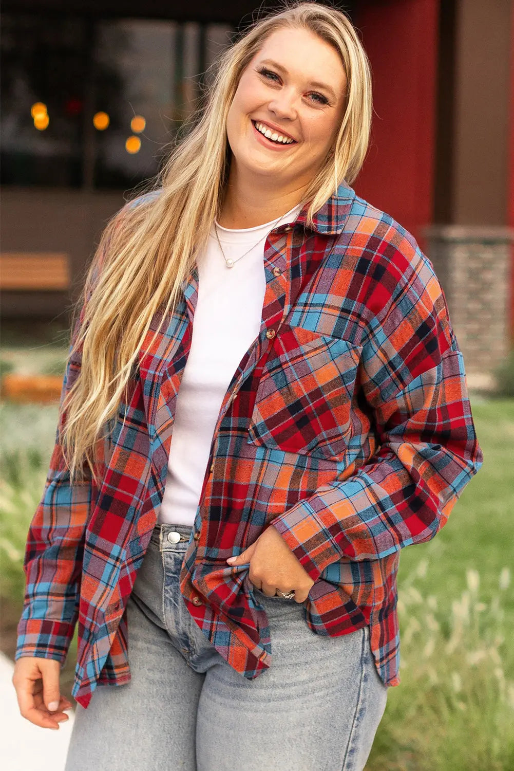 Red Plus Size Plaid Print Buttoned Shirt - eAura