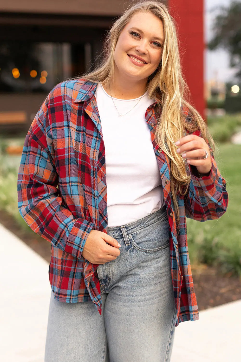 Red Plus Size Plaid Print Buttoned Shirt - eAura