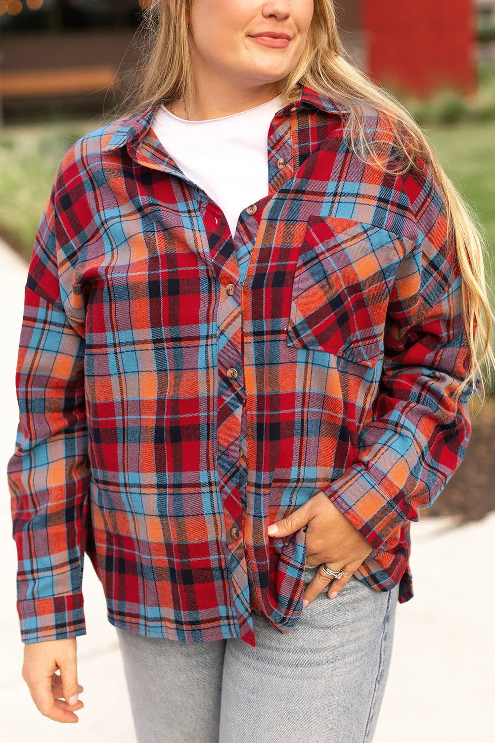Red Plus Size Plaid Print Buttoned Shirt - eAura