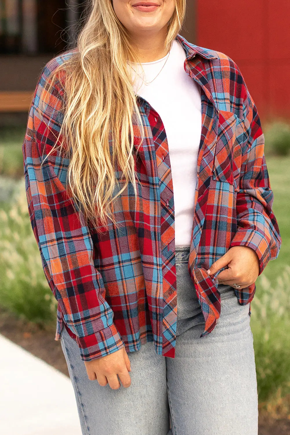 Red Plus Size Plaid Print Buttoned Shirt - eAura