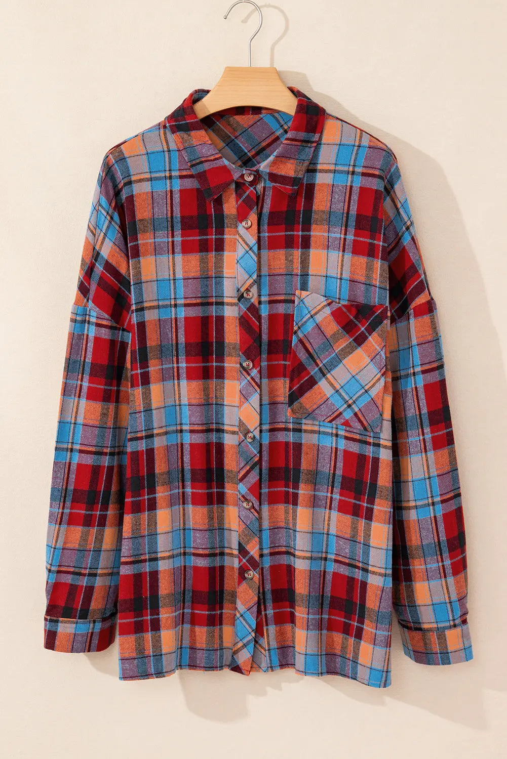 Red Plus Size Plaid Print Buttoned Shirt - eAura