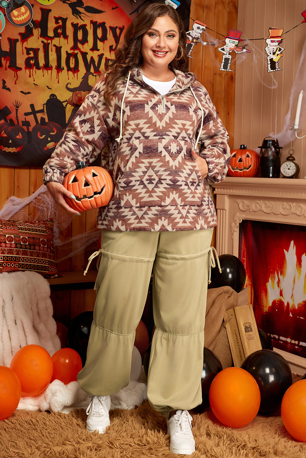 Red Plus Size Western Fashion Aztec Patterned Half Zip High Neck Hoodie - eAura