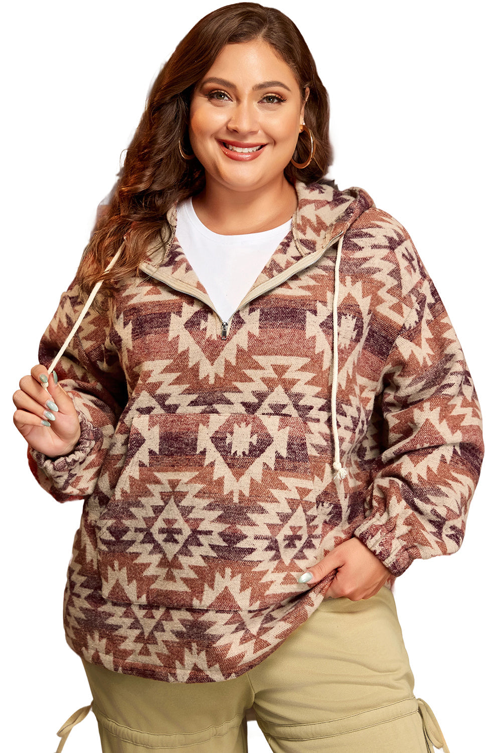 Red Plus Size Western Fashion Aztec Patterned Half Zip High Neck Hoodie - eAura