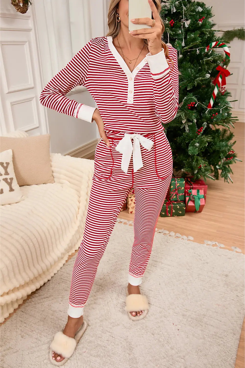 Red Stripe Buttoned V Neck Top and Knotted Waist Trousers Pyjama Set - eAura