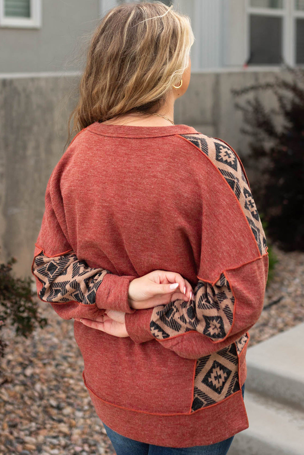 Redwood Burl Aztec Patchwork Drop Shoulder Plus Size High Low Sweatshirt - eAura