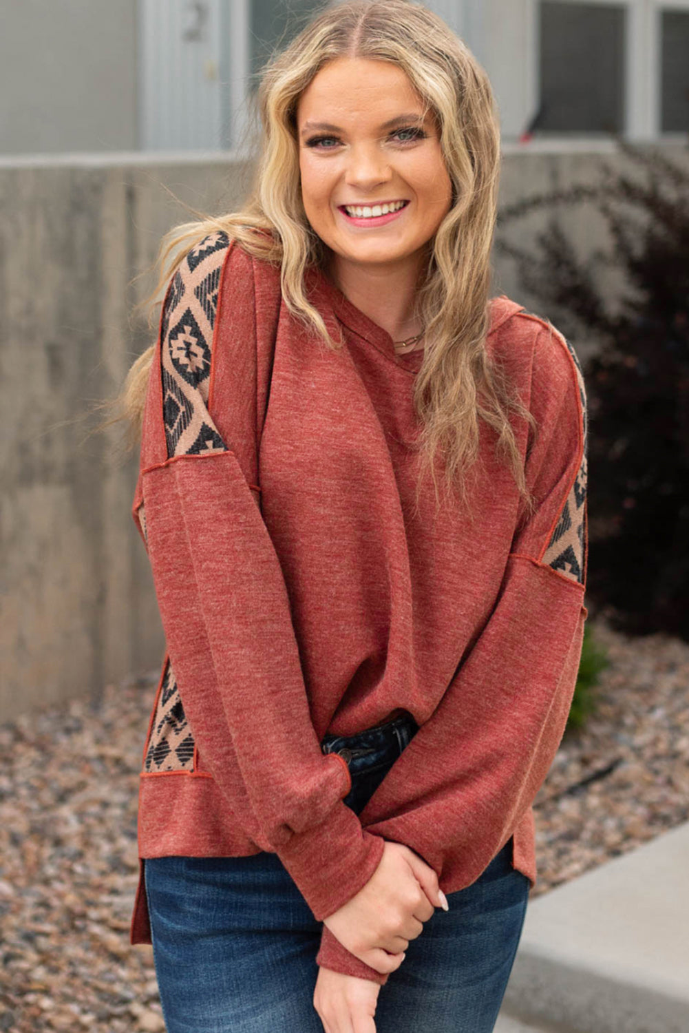 Redwood Burl Aztec Patchwork Drop Shoulder Plus Size High Low Sweatshirt - eAura