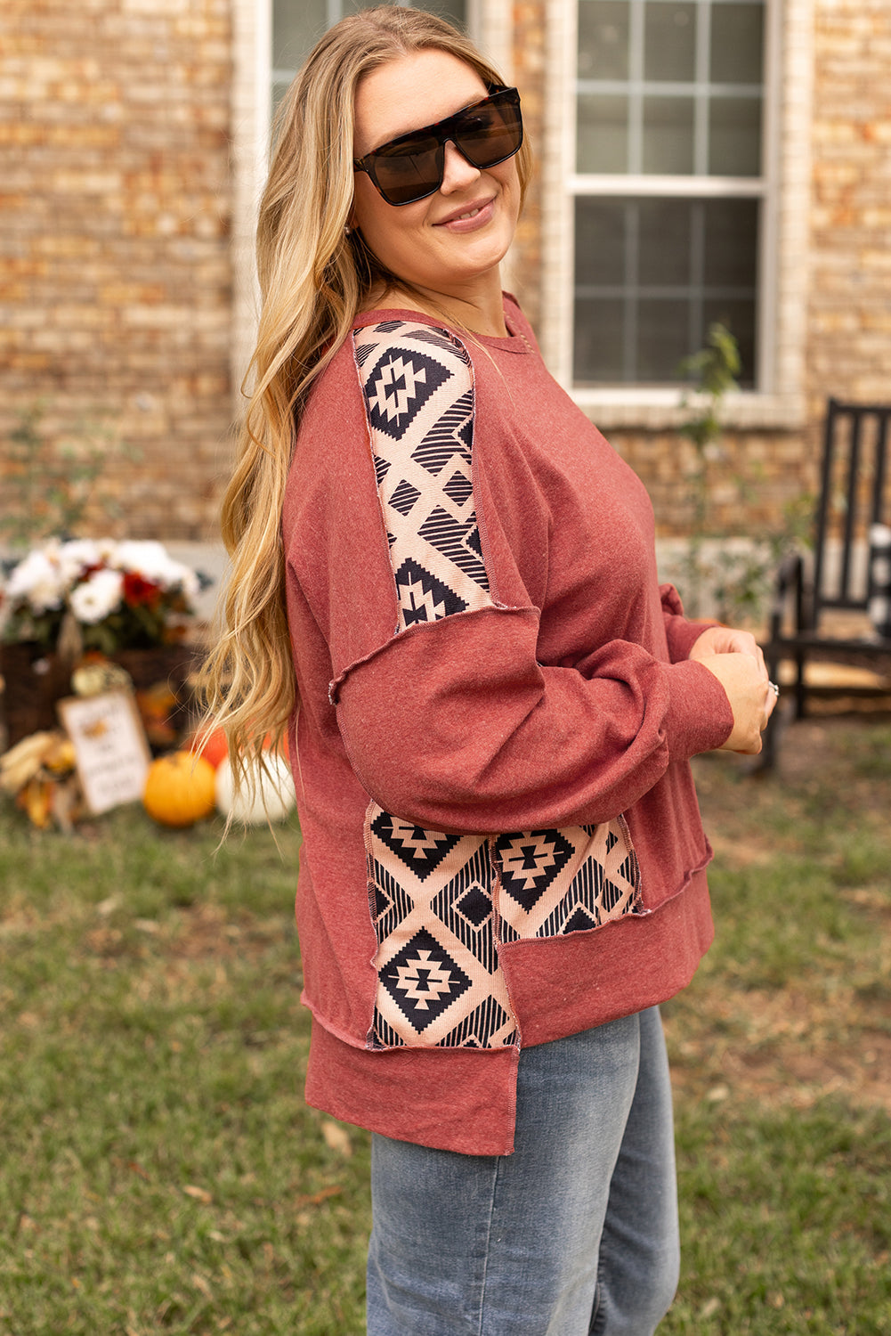 Redwood Burl Aztec Patchwork Drop Shoulder Plus Size High Low Sweatshirt - eAura