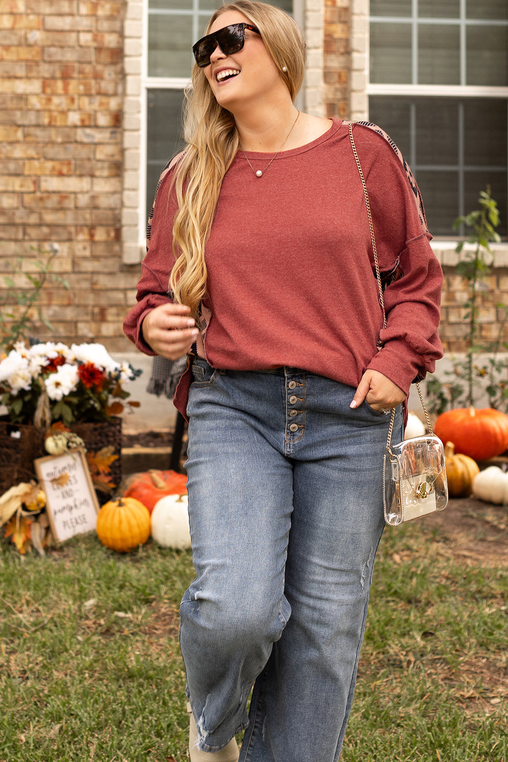 Redwood Burl Aztec Patchwork Drop Shoulder Plus Size High Low Sweatshirt - eAura