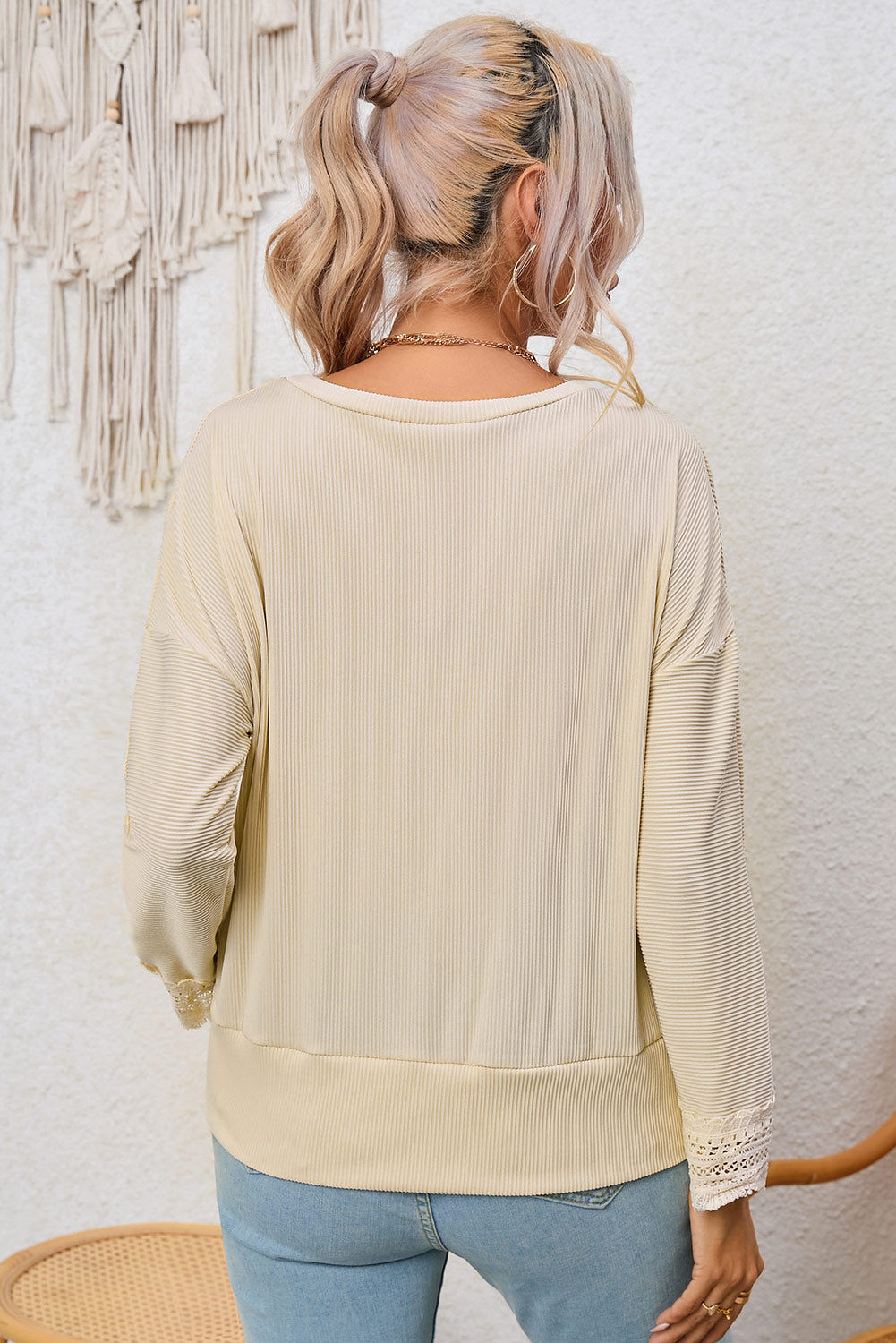 Ribbed Texture Lace Trim V Neck Long Sleeve Top - eAura