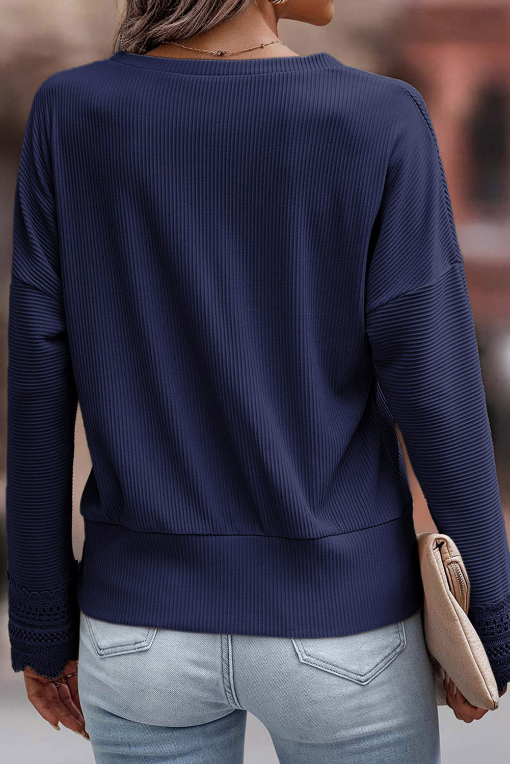 Ribbed Texture Lace Trim V Neck Long Sleeve Top - eAura