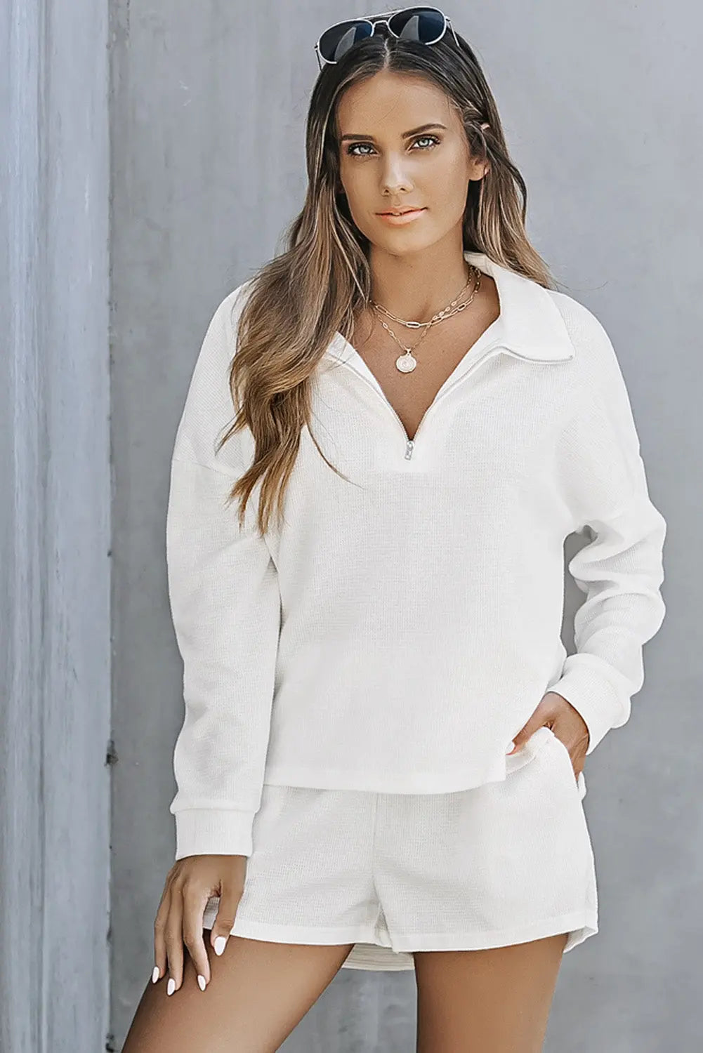 Ribbed Zipper Sweatshirt and High Waist Shorts Set eAura