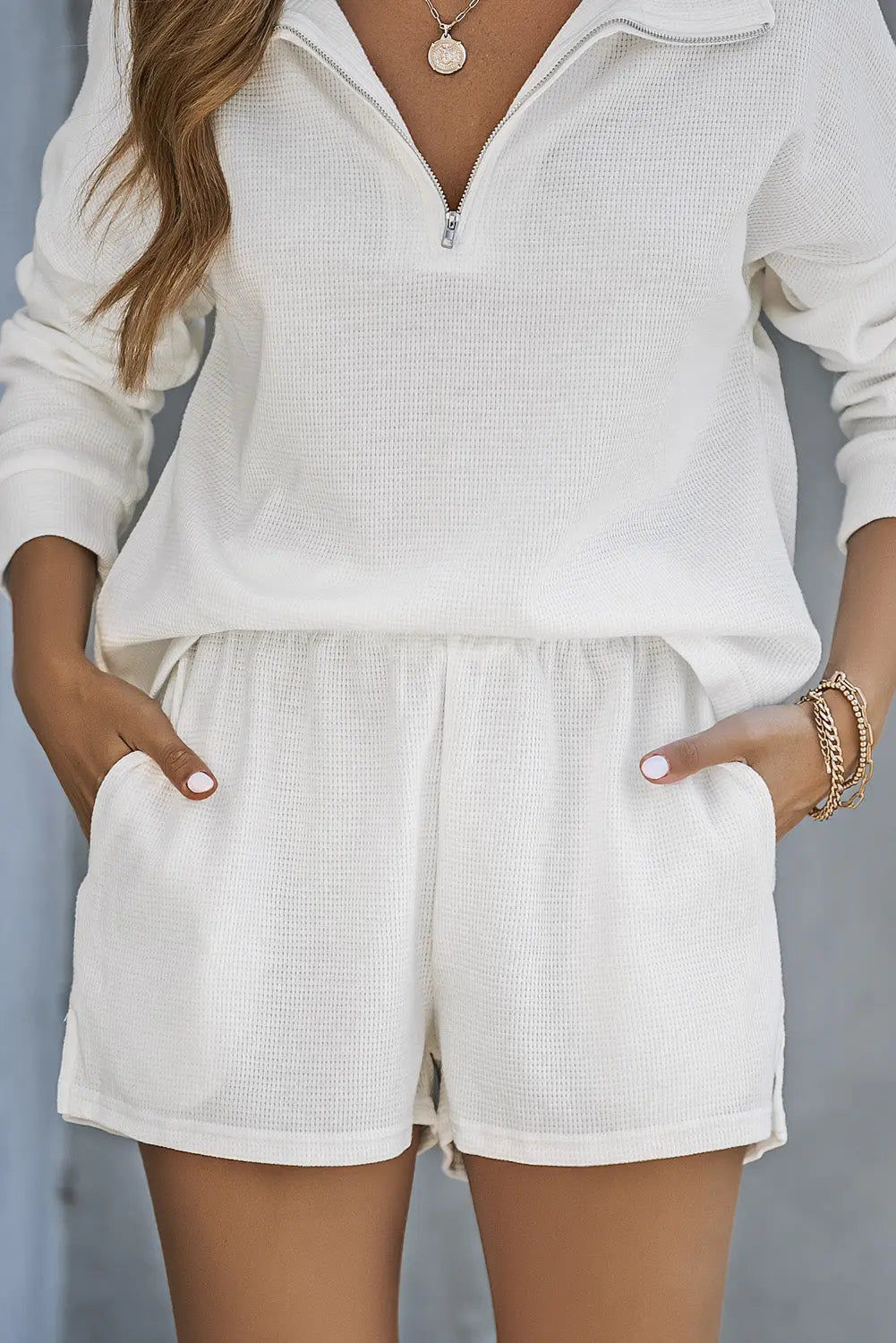 Ribbed Zipper Sweatshirt and High Waist Shorts Set eAura