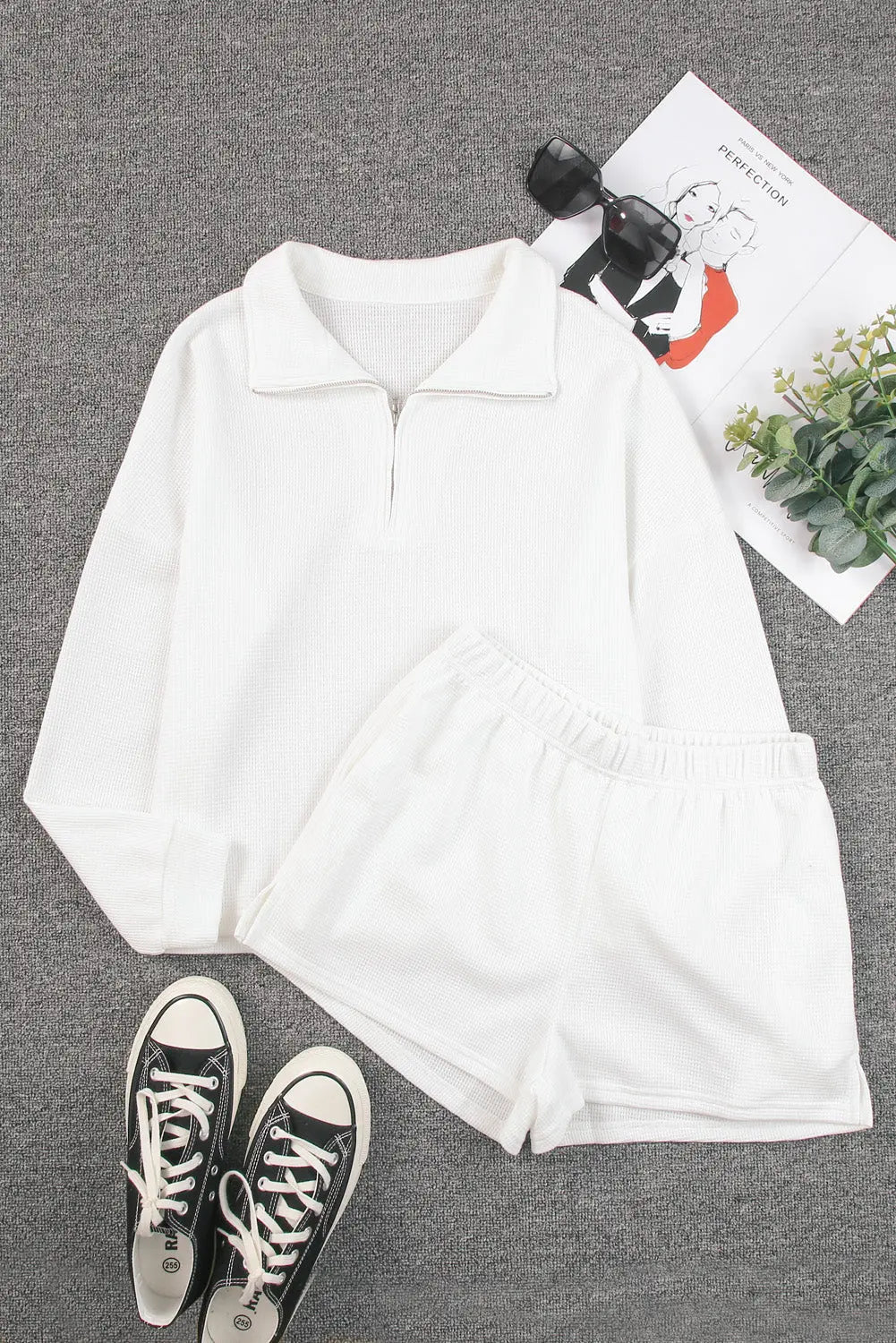Ribbed Zipper Sweatshirt and High Waist Shorts Set eAura