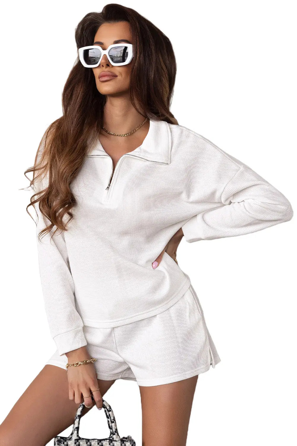 Ribbed Zipper Sweatshirt and High Waist Shorts Set eAura