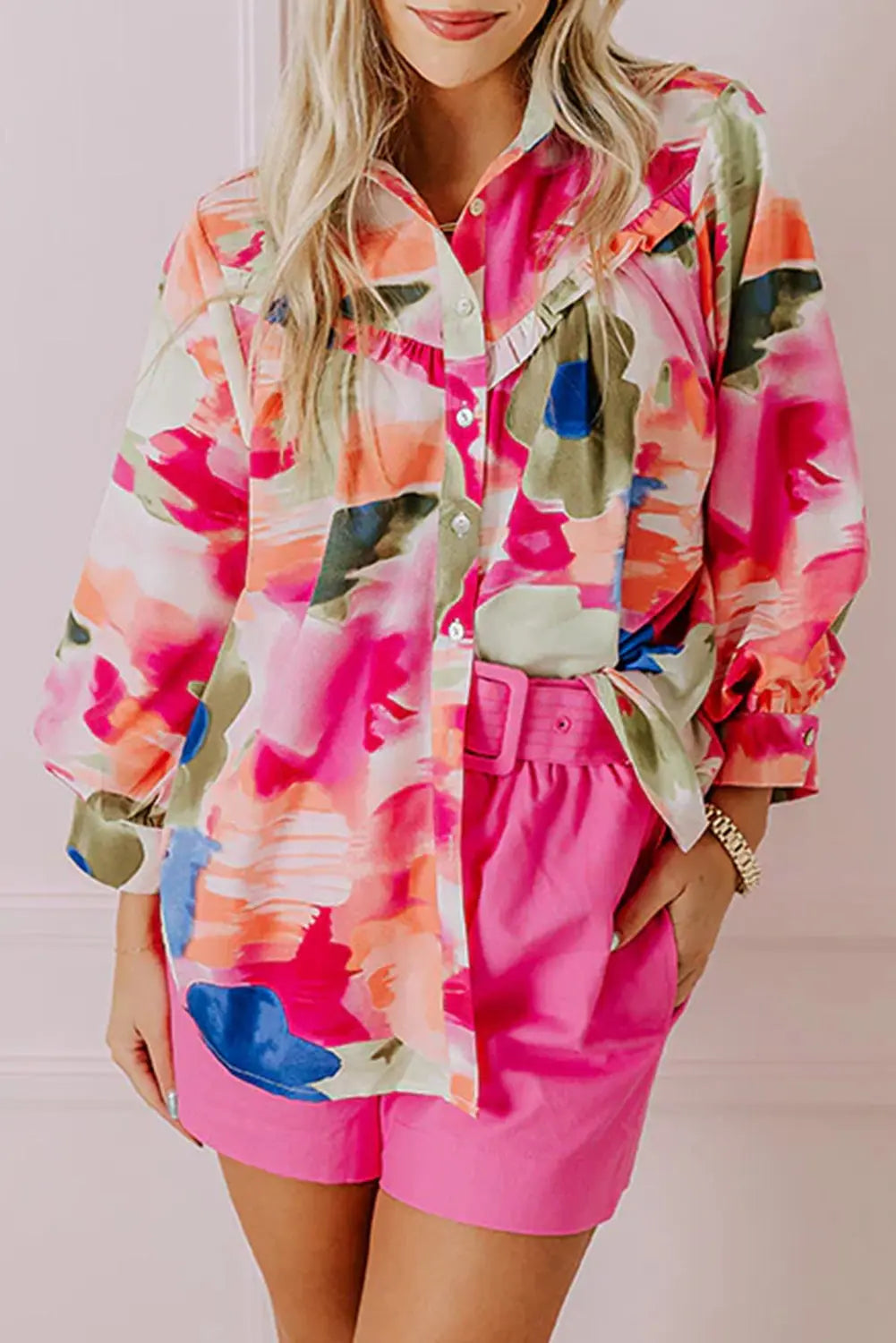 Rose Abstract Print Ruffled Puff Sleeve Shirt Beagle Boutique Fashion Outlet