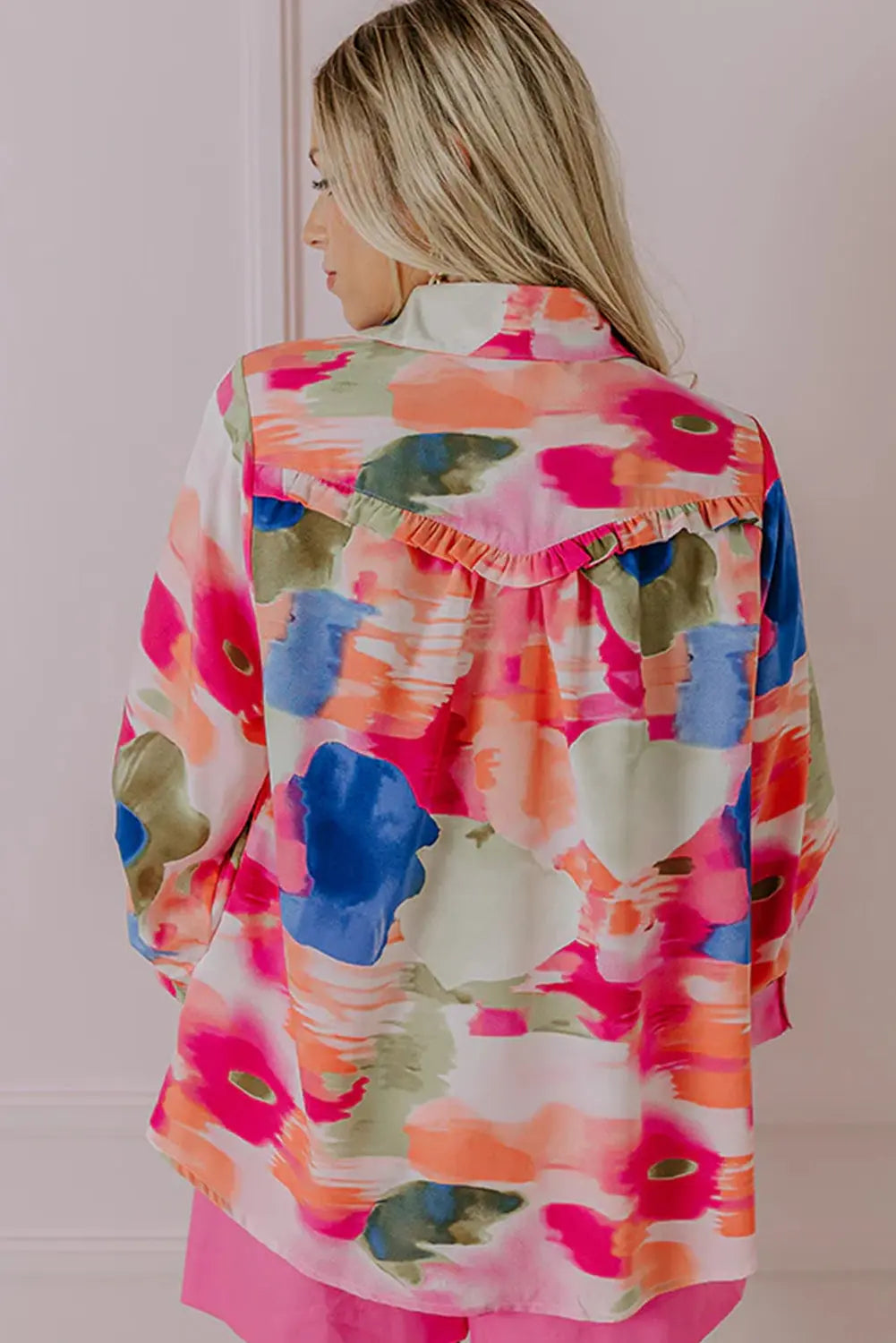 Rose Abstract Print Ruffled Puff Sleeve Shirt Beagle Boutique Fashion Outlet