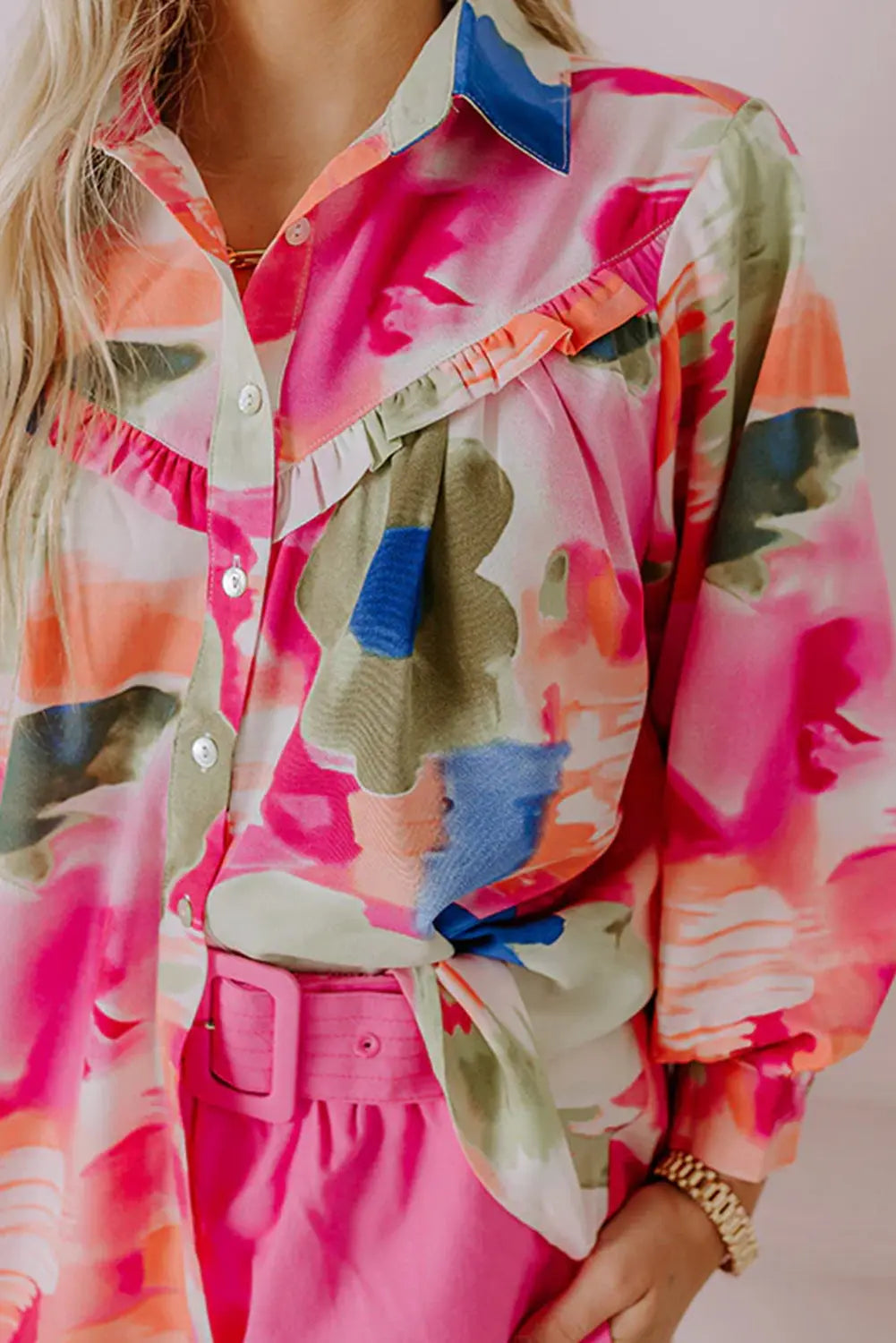 Rose Abstract Print Ruffled Puff Sleeve Shirt Beagle Boutique Fashion Outlet