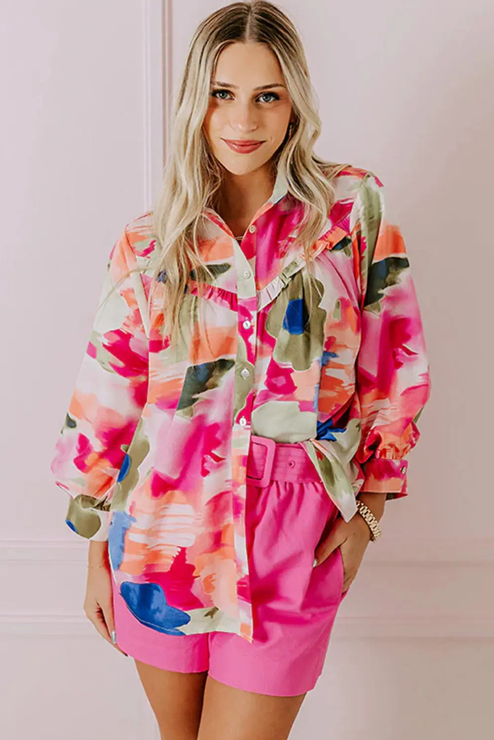 Rose Abstract Print Ruffled Puff Sleeve Shirt Beagle Boutique Fashion Outlet