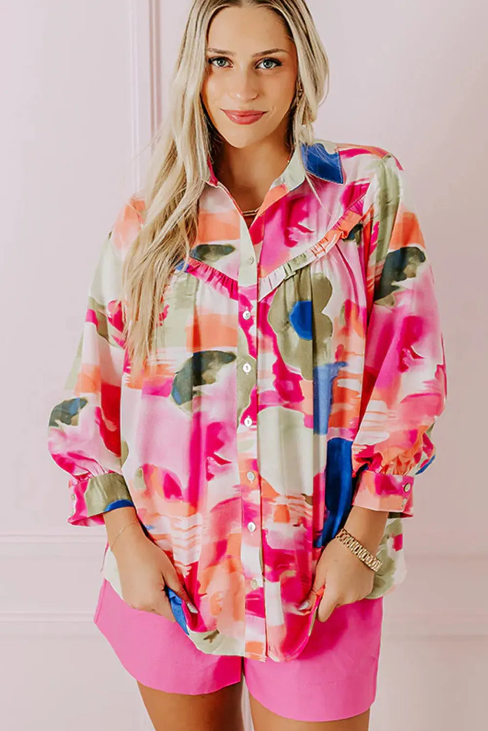Rose Abstract Print Ruffled Puff Sleeve Shirt Beagle Boutique Fashion Outlet
