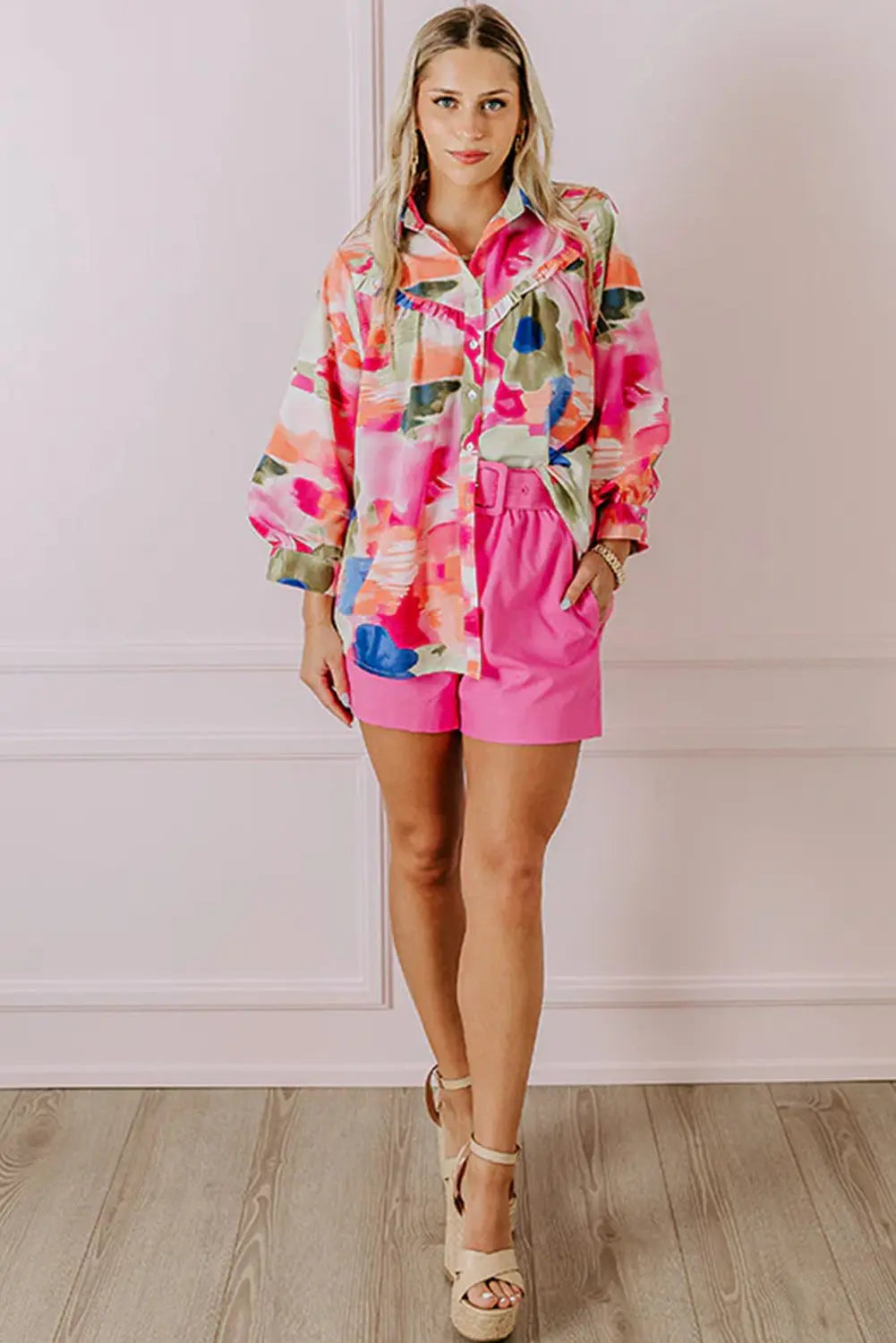 Rose Abstract Print Ruffled Puff Sleeve Shirt Beagle Boutique Fashion Outlet