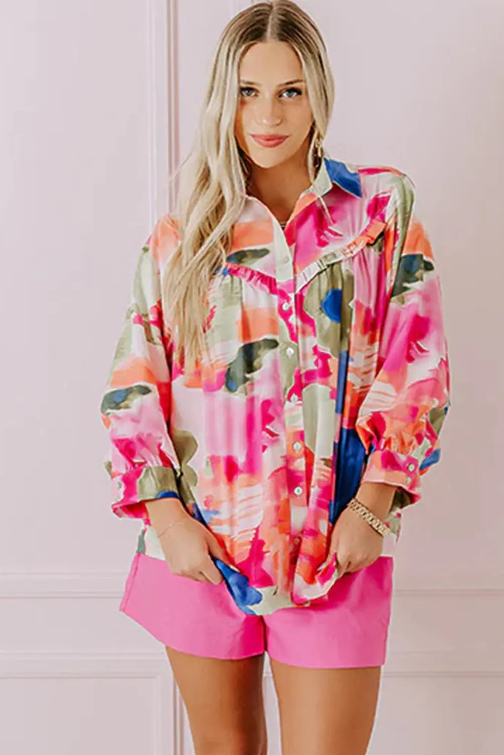 Rose Abstract Print Ruffled Puff Sleeve Shirt Beagle Boutique Fashion Outlet