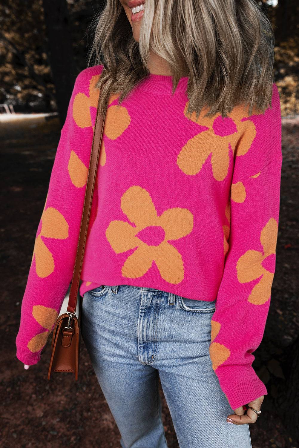 Rose Big Flower Pattern Mock Neck Long Sleeve Sweater - ROSE / S / 50% VISCOSE + 28% POLYESTER + 22% POLYAMIDE