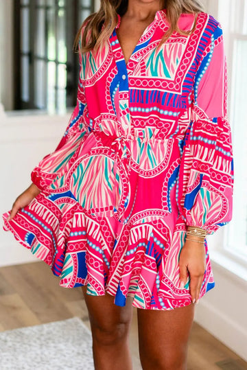 Rose Boho Abstract Printed Puff Sleeve Drawstring Waist Ruffled Mini Dress - eAura