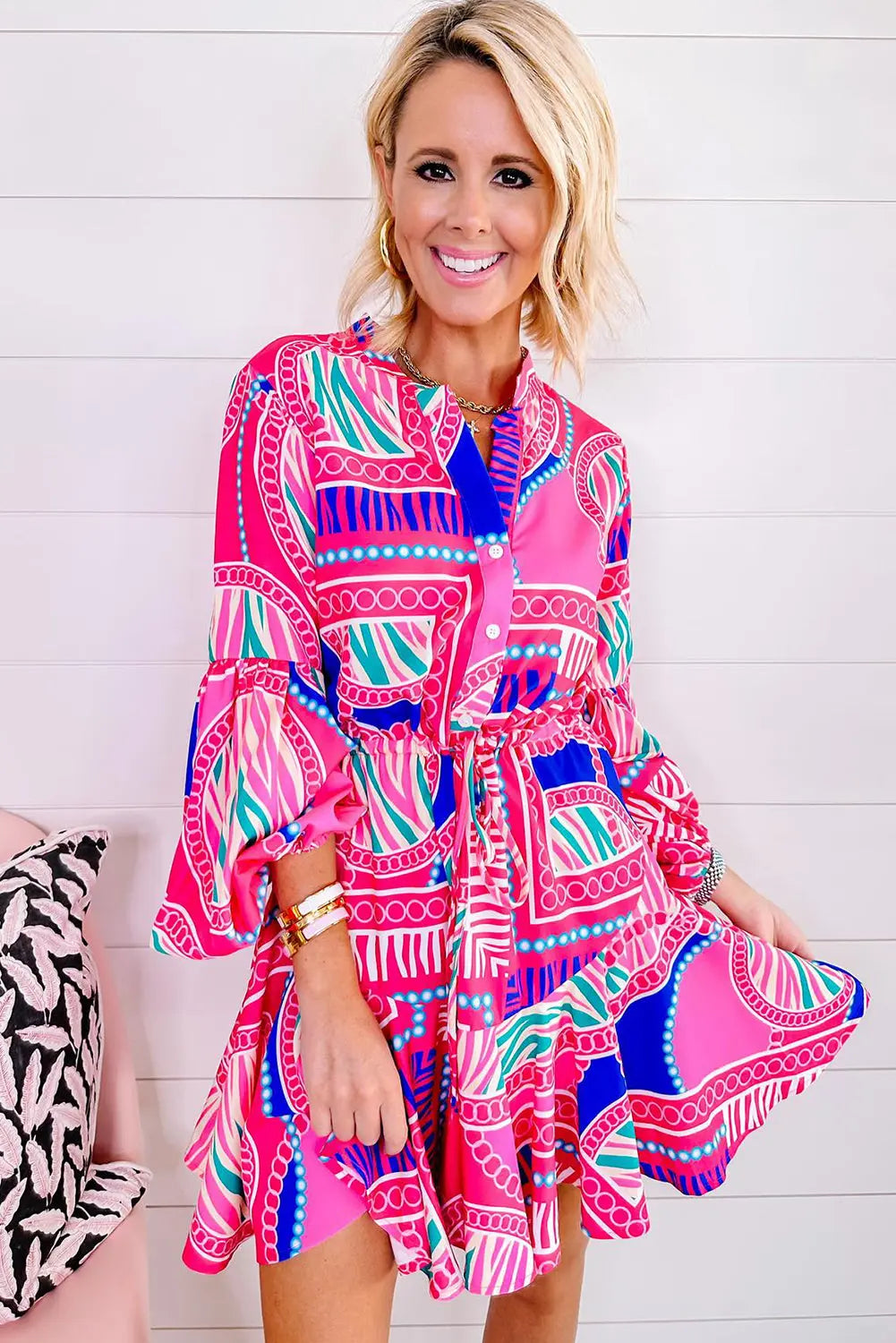 Rose Boho Abstract Printed Puff Sleeve Drawstring Waist Ruffled Mini Dress - eAura
