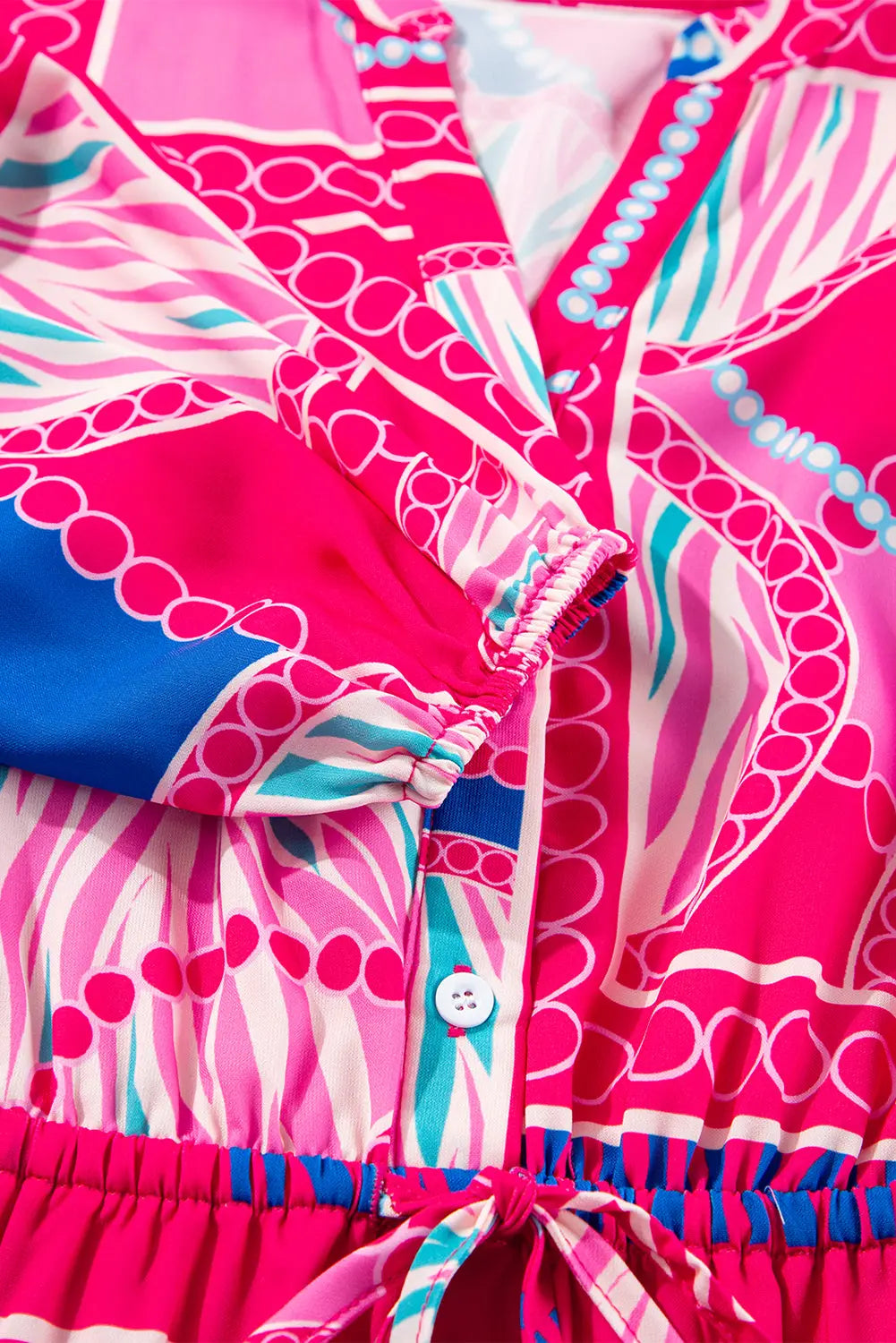 Rose Boho Abstract Printed Puff Sleeve Drawstring Waist Ruffled Mini Dress - eAura