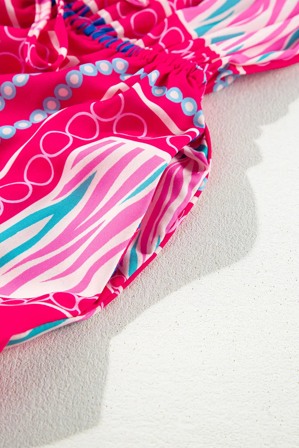 Rose Boho Abstract Printed Puff Sleeve Drawstring Waist Ruffled Mini Dress - eAura