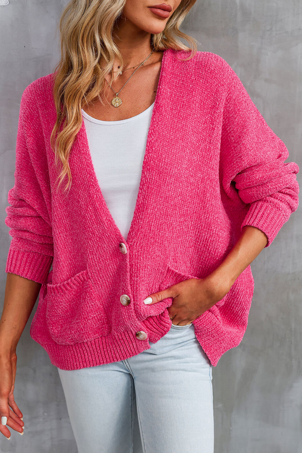 Rose Buttons Front Pocketed Sweater Cardigan - eAura