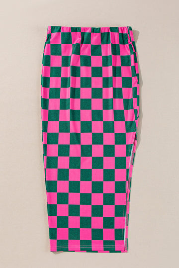 Rose Checkered Print Side Slit High Waist Midi Skirt - ROSE / S / 95% POLYESTER + 5% ELASTANE - Skirts/Midi