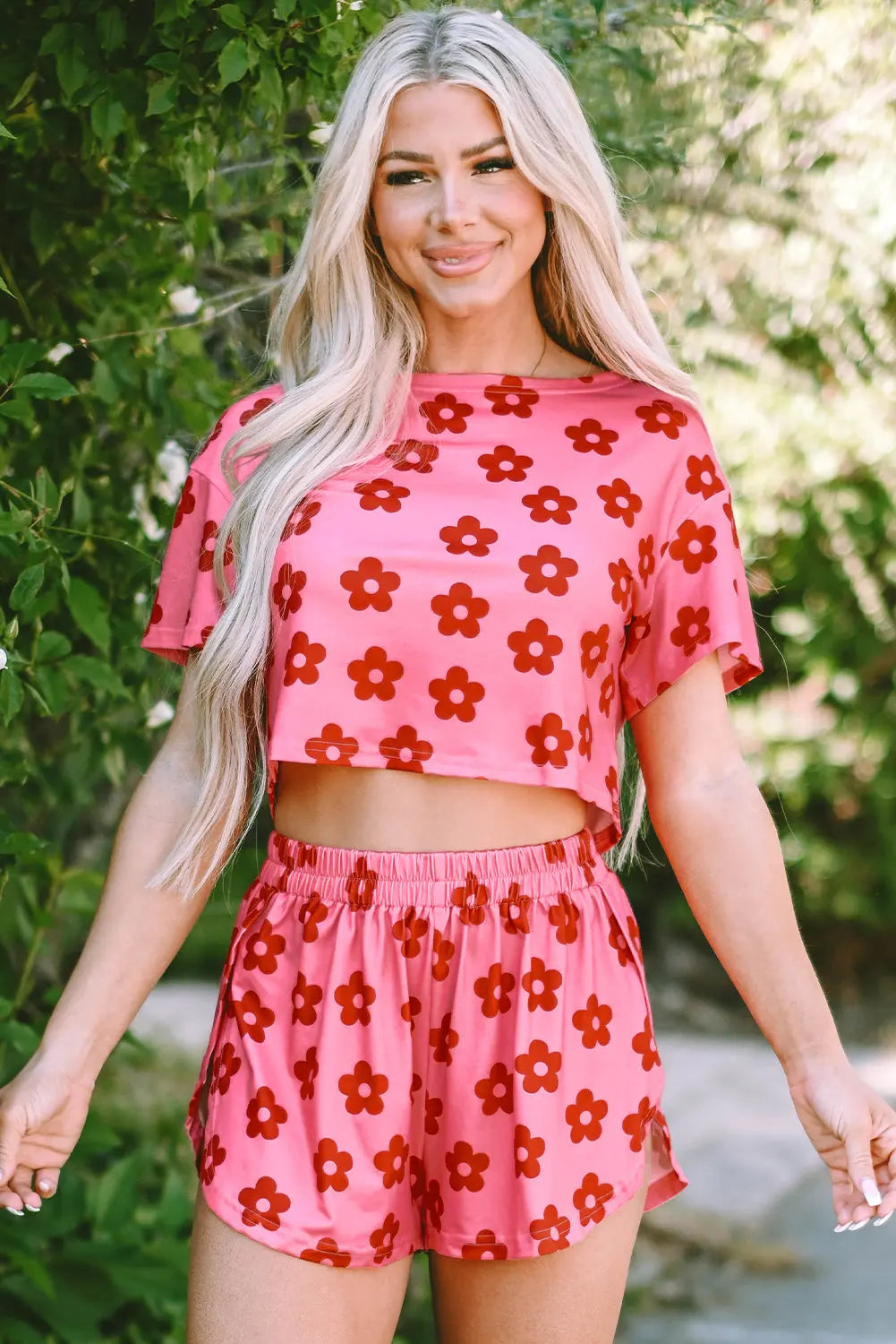 Rose Floral Print Crop Tee and Shorts Lounge Set eAura