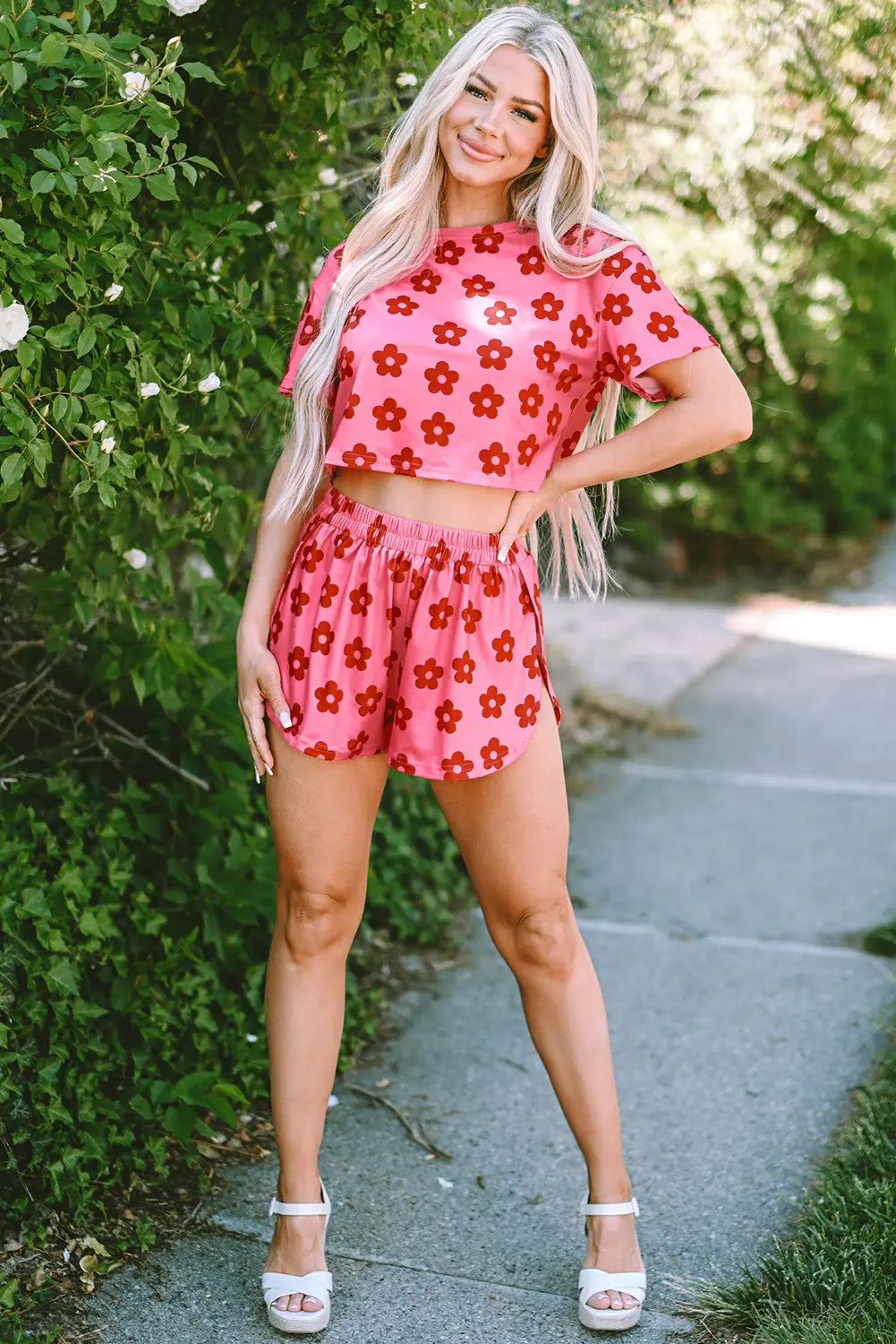 Rose Floral Print Crop Tee and Shorts Lounge Set eAura
