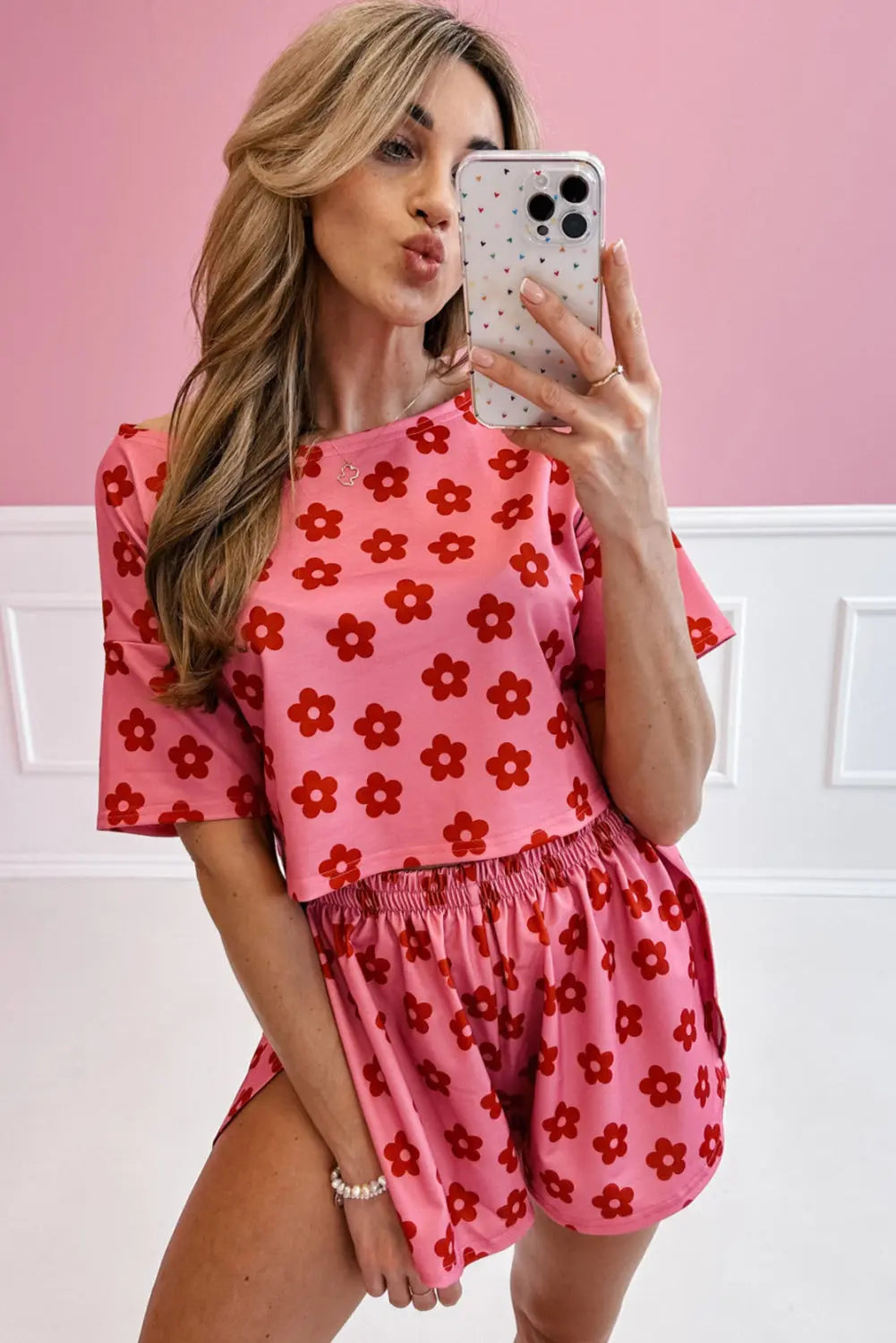 Rose Floral Print Crop Tee and Shorts Lounge Set eAura
