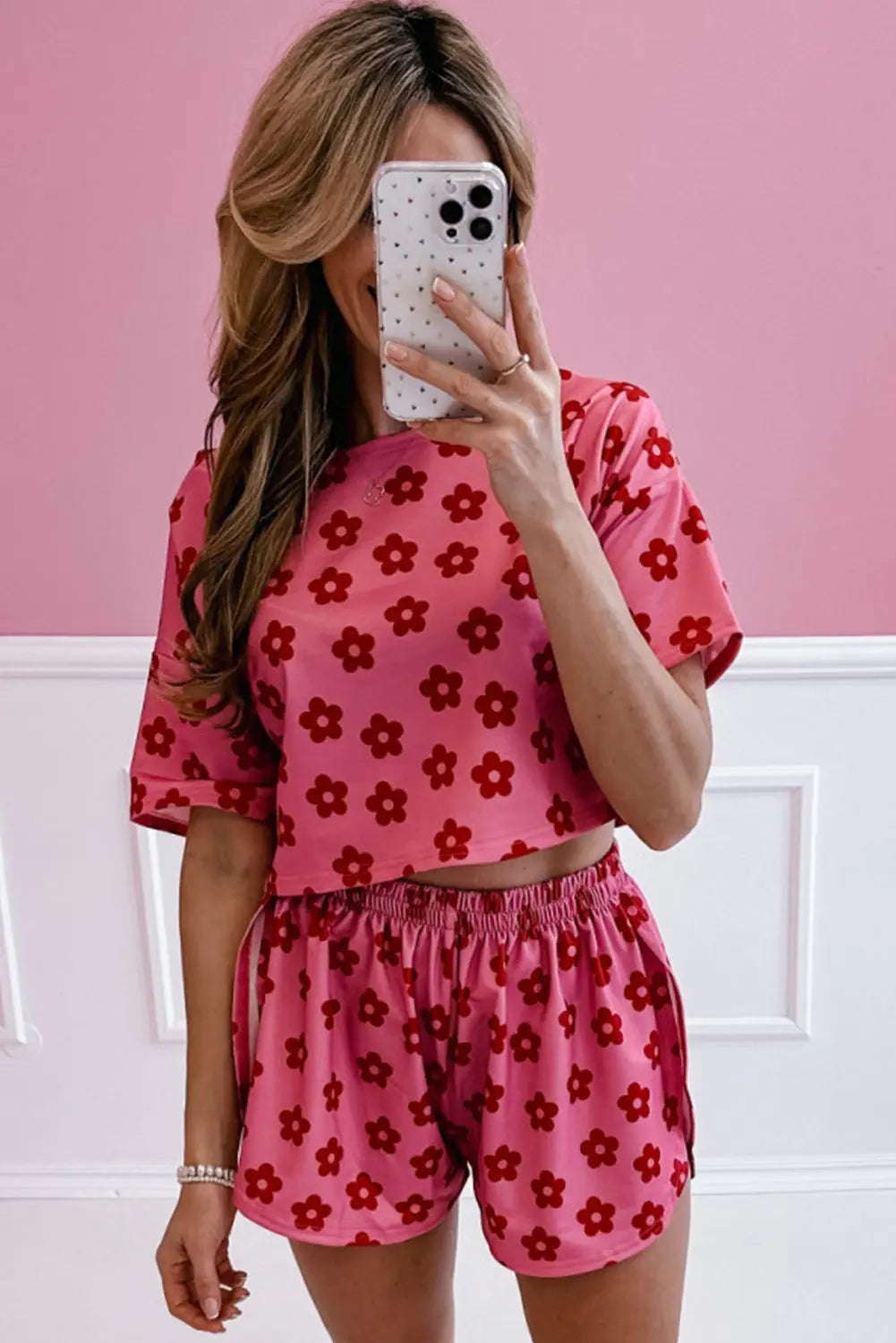 Rose Floral Print Crop Tee and Shorts Lounge Set eAura